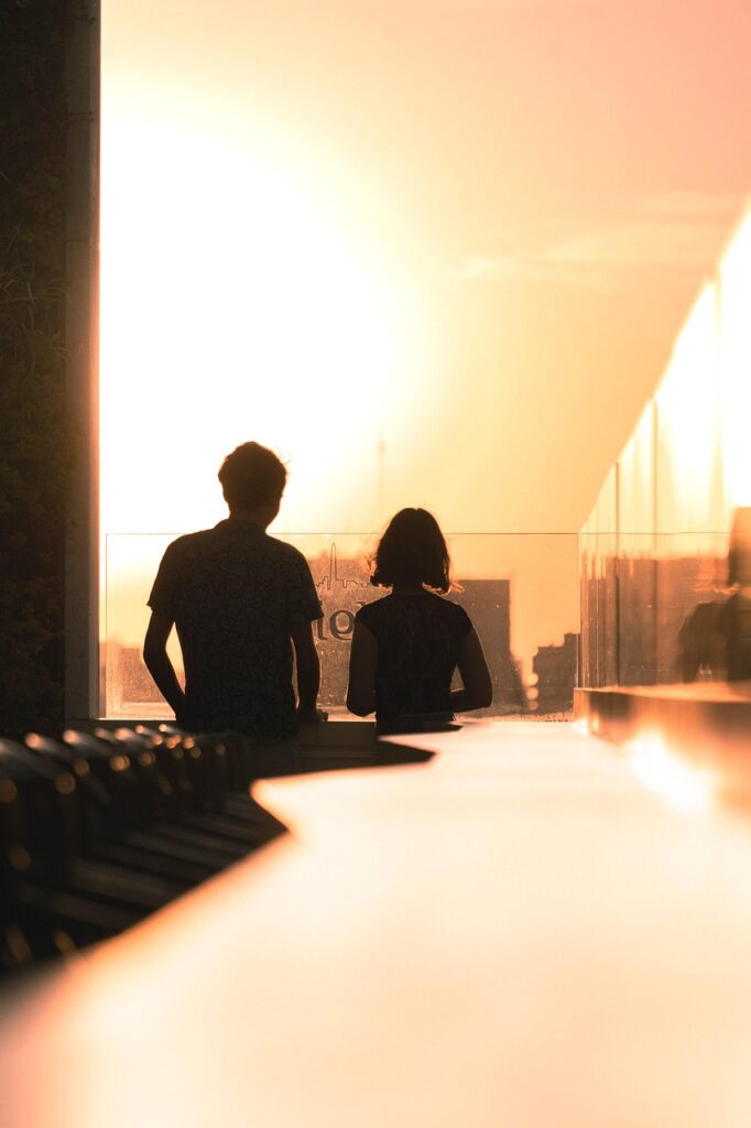 darling, terrace, buildings, people, shades, nature, sun, sunset, afternoon, orange, glow, light